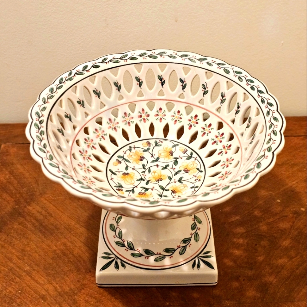 Vintage 1980's Portugal Floral Ceramic Pedestal Bowl
